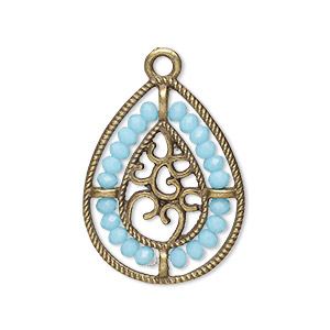 Drop, antique brass-finished &quot;pewter&quot; (zinc-based alloy), aqua blue, 27.5 x 21.5mm teardrop with hearts and beaded border. Sold per pkg of 2.