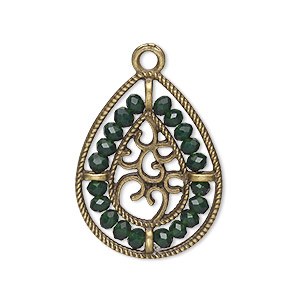 Drop, antique brass-finished &quot;pewter&quot; (zinc-based alloy), emerald green, 27.5 x 21.5mm teardrop with hearts and beaded border. Sold per pkg of 2.