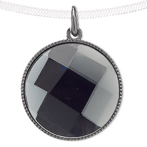 Pendant, glass and gunmetal-finished &quot;pewter&quot; (zinc-based alloy), grey, 38mm flat round. Sold individually.
