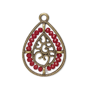 Drop, antique brass-finished &quot;pewter&quot; (zinc-based alloy), dark red, 27.5 x 21.5mm teardrop with hearts and beaded border. Sold per pkg of 2.