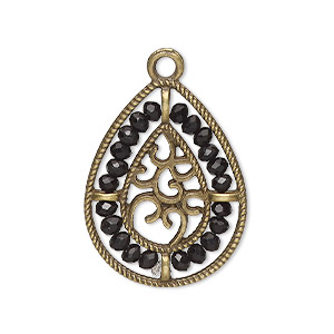 Drop, antique brass-finished &quot;pewter&quot; (zinc-based alloy), black, 27.5 x 21.5mm teardrop with hearts and beaded border. Sold per pkg of 2.