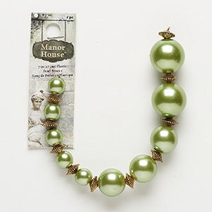 Bead, acrylic and antique gold-finished &quot;pewter&quot; (zinc-based alloy), light green, graduated round. Sold per 7-inch strand.