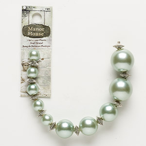 Bead, acrylic and antique silver-finished &quot;pewter&quot; (zinc-based alloy), mint green, graduated round. Sold per 7-inch strand.