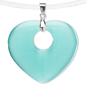 Pendant, cat&#39;s eye glass (fiber optic glass) and silver-finished &quot;pewter&quot; (zinc-based alloy), teal, 44x40mm-45x41mm heart with cutout circle. Sold individually.
