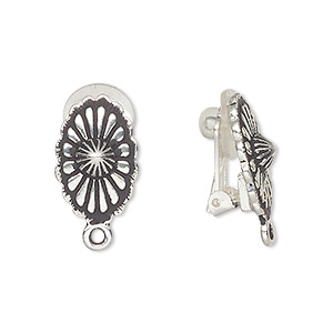 Earring, clip-on, TierraCast&reg;, antique silver-plated pewter (tin-based alloy) and rubber, 17x11mm oval concho with closed loop. Sold per pair.