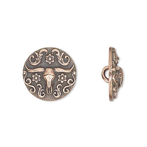 Button, TierraCast&reg;, antique copper-plated pewter (tin-based alloy), 16mm round with longhorn design. Sold per pkg of 2.