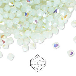 Bead, Preciosa Czech crystal, chrysolite opal AB, 4mm bicone. Sold per pkg of 144 (1 gross).