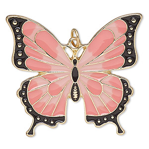 Focal, gold-finished brass and enamel gold / pink / black, 40.5x36.5mm single-sided butterfly with jump ring. Sold individually.