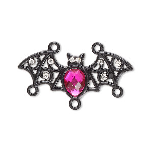 Connector, black-finished &quot;pewter&quot; (zinc-based alloy) and acrylic, black / pink / clear, 33x14mm bat with 2/3 loops. Sold per pkg of 2.