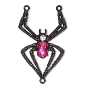 Connector, black-finished &quot;pewter&quot; (zinc-based alloy) and resin, black / pink / clear, 42x29mm spider Y-connector. Sold per pkg of 2.