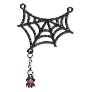 Focal, black-finished &quot;pewter&quot; (zinc-based alloy) and resin, black and pink, 56x39mm spiderweb. Sold per pkg of 2.