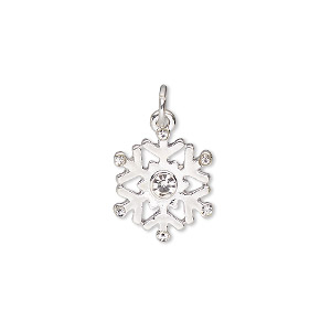 Charm, silver-finished &quot;pewter&quot; (zinc-based alloy) and glass, clear, 15.5mm snowflake. Sold per pkg of 6.