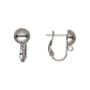 Earring, hinged post, stainless steel, 16mm with 8mm half-ball and open ...