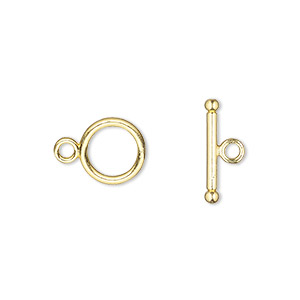 Clasp, toggle, gold-finished &quot;pewter&quot; (zinc-based alloy), 10mm round with ribbed design. Sold per pkg of 20.