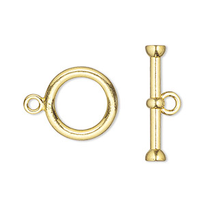 Clasp, toggle, gold-finished &quot;pewter&quot; (zinc-based alloy), 16mm round. Sold per pkg of 4.