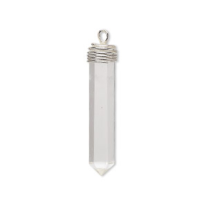 Drop, quartz crystal (natural) and silver-plated brass, 28x5mm wire-wrapped point, Mohs hardness 7. Sold individually.