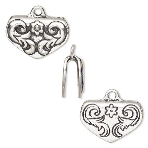Crimp end, TierraCast&reg;, antique silver-plated pewter (tin-based alloy), 22x15mm 2-sided scrollwork, 2.4mm inside diameter. Sold individually.