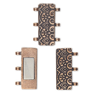 Clasp, magnetic, TierraCast&reg;, antique copper-plated pewter (tin-based alloy), 24.5x9mm 3-strand rectangle with temple theme. Sold individually.