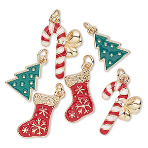 Charm assortment, gold-finished &quot;pewter&quot; (zinc-based alloy) and enamel, multicolored, Christmas shapes. Sold per pkg of 6.