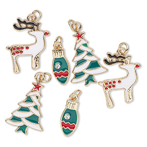 Charm assortment, gold-finished &quot;pewter&quot; (zinc-based alloy) and enamel, multicolored, Christmas shapes. Sold per pkg of 6.