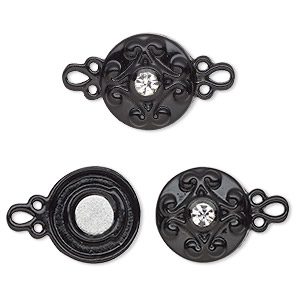 Clasp, magnetic, black-finished &quot;pewter&quot; (zinc-based alloy) and glass, clear, 12mm double-sided round. Sold per pkg of 2.