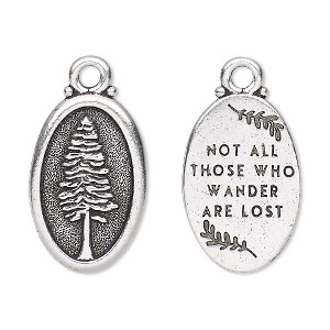Charm, TierraCast&reg;, antique silver-plated pewter (tin-based alloy), 26x16mm 2-sided oval with redwood and &quot;Not all those who wander are lost.&quot; Sold individually.