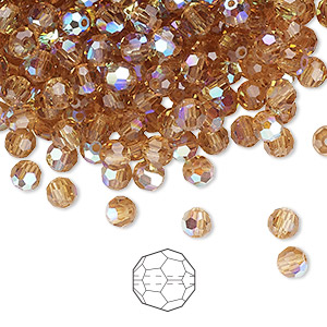 Bead, Preciosa Czech crystal, light Colorado topaz AB, 4mm faceted round. Sold per pkg of 24.