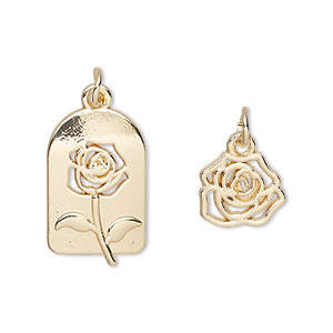 Charm, gold-finished &quot;pewter&quot; (zinc-based alloy) and steel, 21x13mm rose cutout design and 12x11mm single-sided rose. Sold per pkg of (2) 2-piece sets.