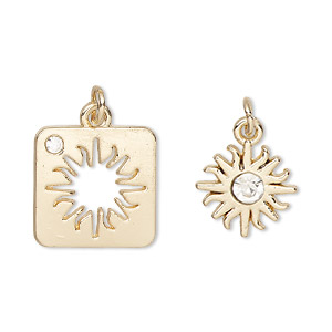 Charm, gold-finished &quot;pewter&quot; (zinc-based alloy) and glass, clear, 16x16mm square with sun cutout design and 13x13mm single-sided sun. Sold per pkg of (2) 2-piece sets.