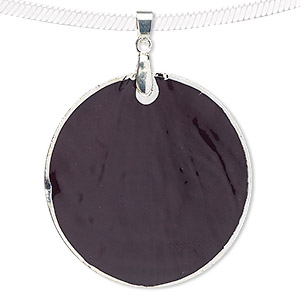 Pendant, Capiz shell (dyed / coated) with silver-finished copper and &quot;pewter&quot; (zinc-based alloy), black, 49-50mm round. Sold per pkg of 2.