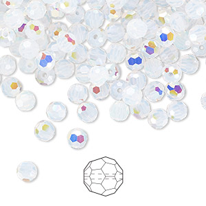 Bead, Preciosa Czech crystal, white opal AB, 4mm faceted round. Sold per pkg of 144 (1 gross).