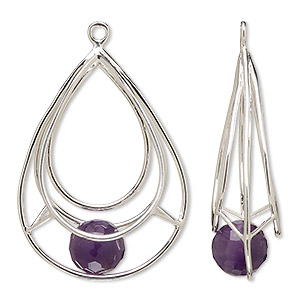 Focal, sterling silver and amethyst (natural), 32x25mm open teardrop with 9mm hand-cut faceted round, B grade, Mohs hardness 7. Sold individually.