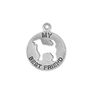 Charm, antiqued pewter (tin-based alloy), 19mm single-sided flat round with &quot;My Best Friend&quot; and dog cutout. Sold individually.