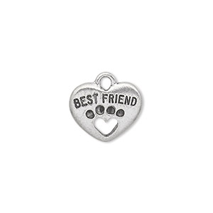 Charm, antiqued pewter (tin-based alloy), 15x13mm double-sided heart with &quot;Best Friend&quot; and dog paw cutout. Sold individually.