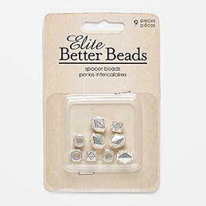Bead, silver-finished &quot;pewter&quot; (zinc-based alloy), 8x6mm faceted rondelle with 3mm hole and 10x8mm faceted square tube with diamond and circle design with 3mm hole. Sold per pkg of 9.