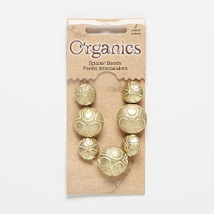 Bead, gold-finished &quot;pewter&quot; (zinc-based alloy), 14mm matte puffed flat round with dot and line design and 19mm matte puffed flat round with circle and triangle design. Sold per pkg of 7.