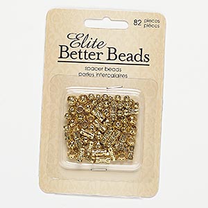 Bead mix, gold-finished steel, 4mm cutout round / 6mm cutout round with 2.5mm hole / 8x4mm cutout round tube with 3mm hole. Sold per pkg of 82.