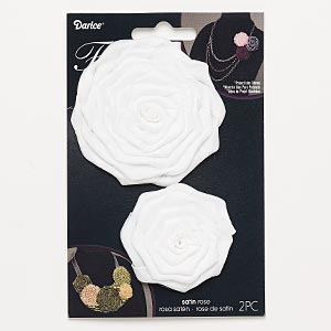 Sew-on component, satin, white, 1-3/4 inch and 3 to 3-1/4 inch rose. Sold per pkg of 2.