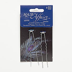 Hair pin, glass rhinestone and silver-finished steel, teal / dark blue / clear AB, 2-1/2 inches with 11x11mm flower. Sold per pkg of 2.