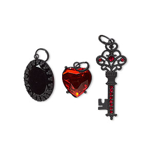 Focal / drop / charm, Metal Accent, acrylic / steel / &quot;pewter&quot; (zinc-based alloy), black and red, 19x19mm matte heart / 26x19mm matte oval / 50x19mm matte key. Sold per pkg of 3.