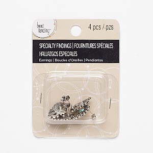 Earstud, glass rhinestone with antiqued silver-finished steel and &quot;pewter&quot; (zinc-based alloy), clear AB, 17x13mm flower with closed loop. Sold per pkg of 2 pairs.
