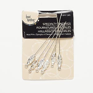 Head pin, silver-finished &quot;pewter&quot; (zinc-based alloy), 3 inches with 17x7mm puffed oval head and flower design with loop, 20 gauge. Sold per pkg of 6.