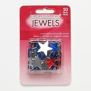 Flat back mix, acrylic, red / blue / clear, 15x14mm-21x20mm faceted star. Sold per pkg of 50.