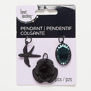 Focal / charm / drop, glass / steel / &quot;pewter&quot; (zinc-based alloy), black and blue, 26x19mm faceted oval / 28x27mm matte bird / 30x29mm matte rose. Sold per pkg of 3.