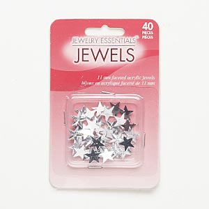 Flat back, acrylic, clear, 11x10mm faceted star. Sold per pkg of 40.