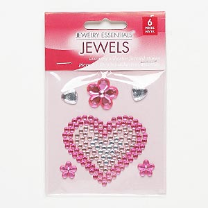 Flat back, self-adhesive acrylic, pink and clear, assorted size and shape. Sold per pkg of 6.