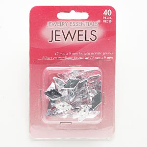 Flat back, acrylic, clear, 15x8mm-15x9mm faceted diamond. Sold per pkg of 40.