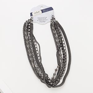 Necklace component, 7-strand, glass rhinestone / gunmetal-coated plastic / gunmetal-finished steel / &quot;pewter&quot; (zinc-based alloy), clear, 18 inches. Sold individually.