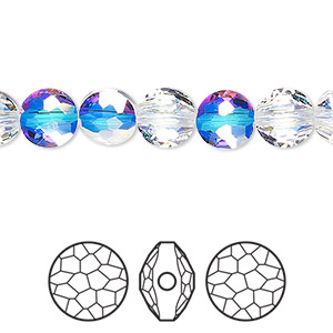 Bead, Crystal Passions&reg;, crystal AB, 8mm faceted puffed round bead (5034). Sold per pkg of 4.