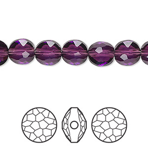 Bead, Crystal Passions&reg;, amethyst, 8mm faceted puffed round bead (5034). Sold per pkg of 4.
